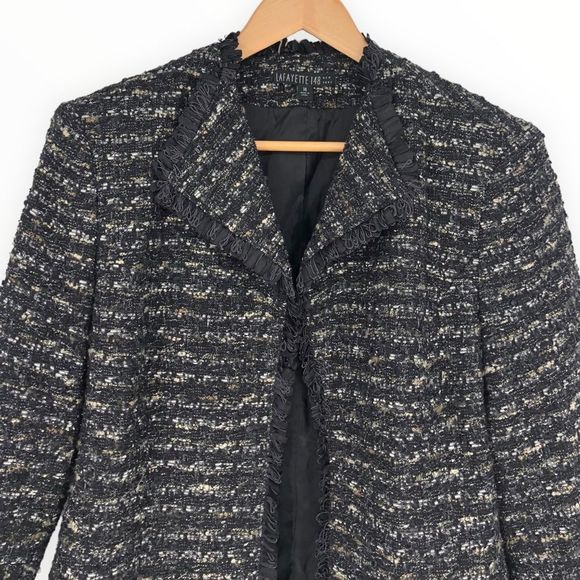 Lafayette 148 Black Metallic Tweed Fringe Trim Evening Jacket size 14 - Picture 4 of 14